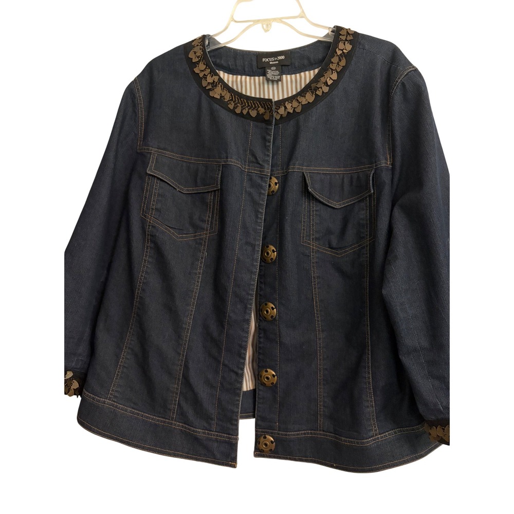 Denim Jacket Dark Wash Heart Sequin Trim Size 20W Stretch Chic Flaw
